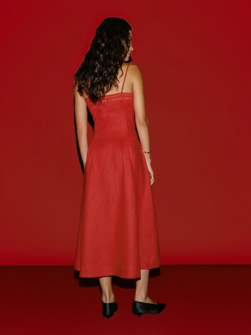NEW Reformation Pomona Linen Lace Trim Midi Dress Lipstick Red | US 6 UK 10 - Picture 4 of 12